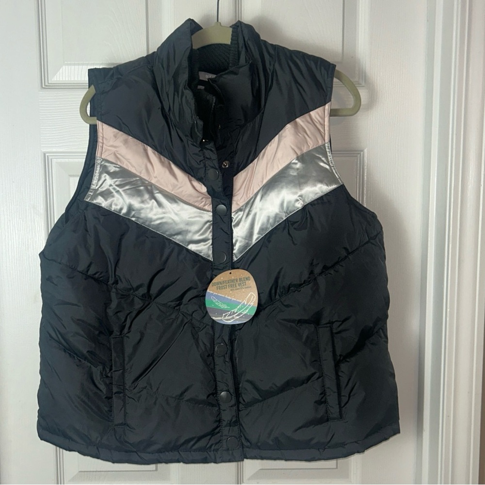 Old Navy Puffer Vest Women 1X Down Filled Gray Retro 70’s Skiing Winter Cozy